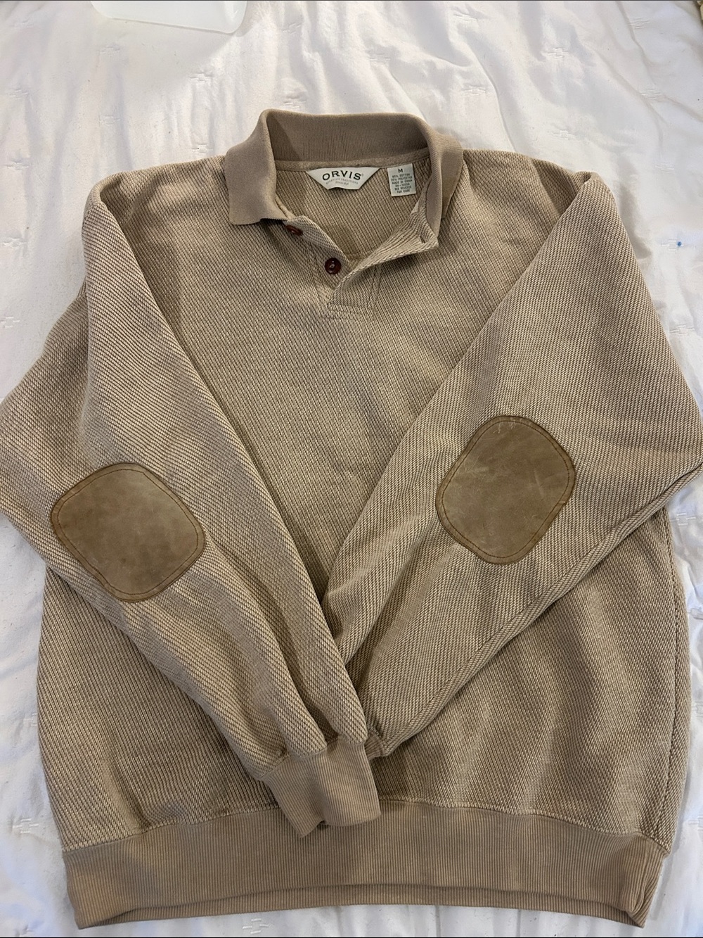 Orvis Men's Beige Crewneck Polo Sweater with Suede Elbow Patches